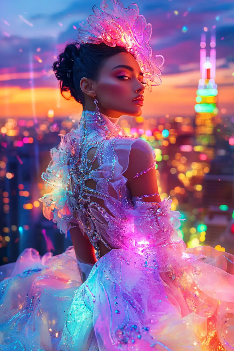 Elegante modella di moda che posa sotto un colorato cielo al crepuscolo