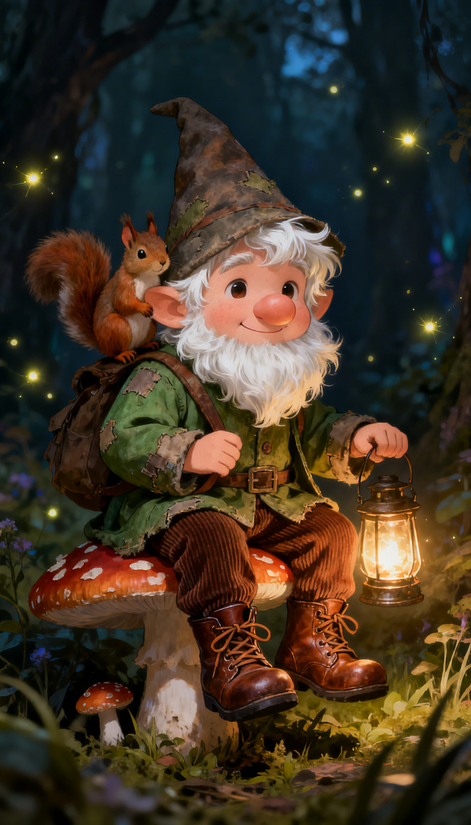 Gnome avec Lanterne sur un Champignon dans une Forêt Enchantée