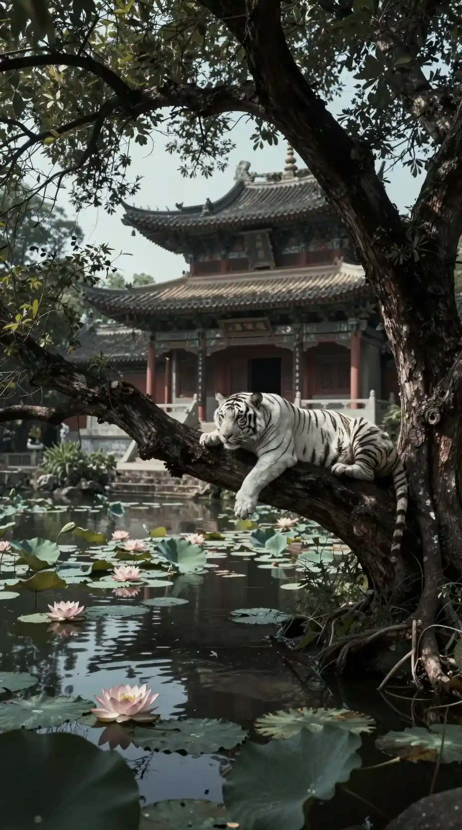 陽光森林寺院與水邊歇息的白虎