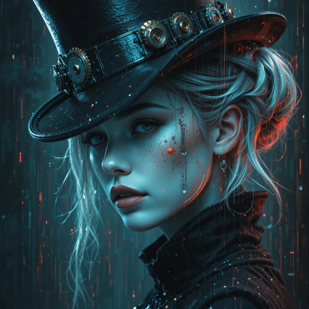 Retrato surreal em glitch de uma femme fatale cyberpunk