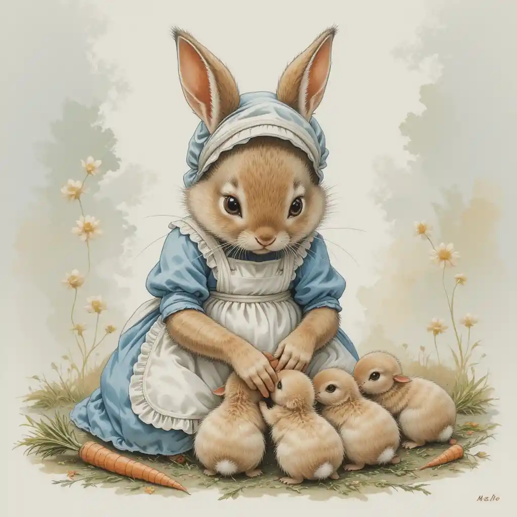 Coelha mãe de vestido azul cuidando de seus bebês minúsculos