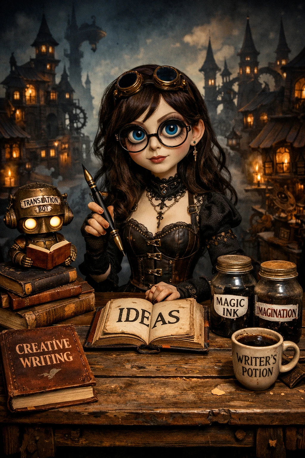Steampunk writer at a wooden worktable in a surreal city