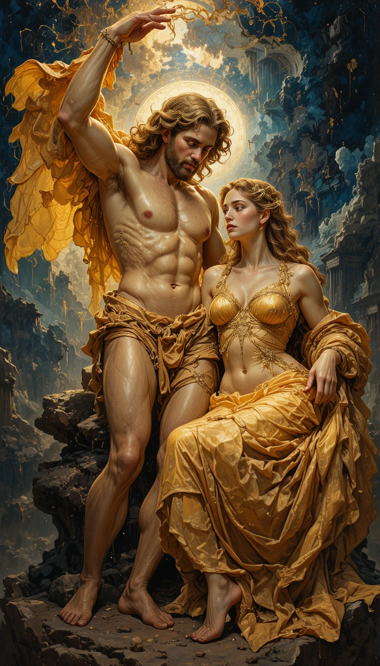 Mythic god apollo with his beautiful wife in baroque light