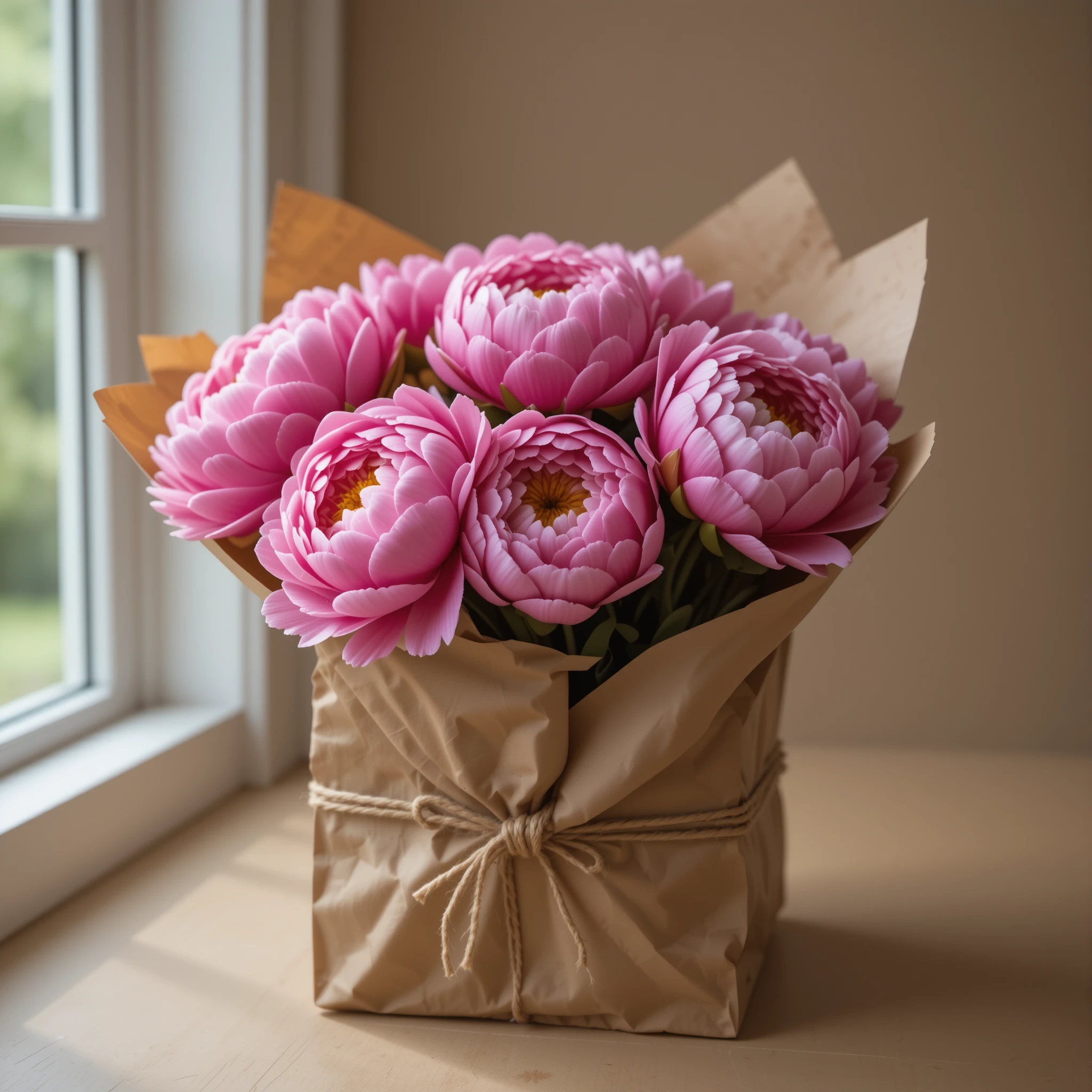 Buquê de peônias rosas em papel kraft com amarração de barbante