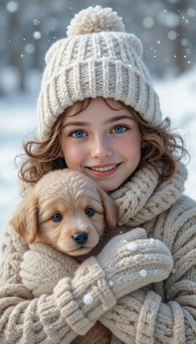Smiling child in knit winter wear hugging puppy in snow