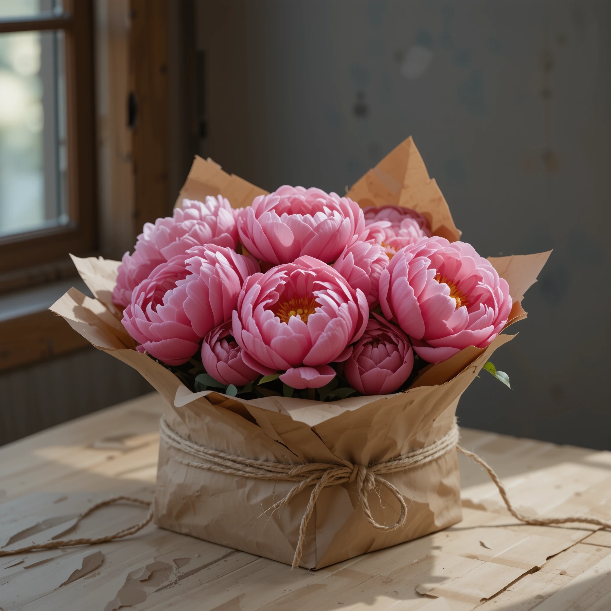 Strauß rosa Pfingstrosen in rustikaler Kraftpapierverpackung