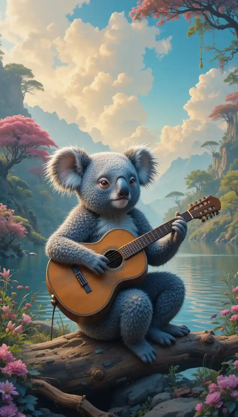 Koala Tocando la Trompeta Junto a un Colorido Lago Fantástico