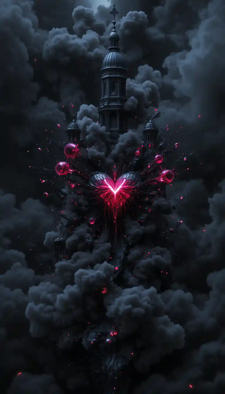 Cœur de rubis noir lumineux dans un espace de fantasy sombre