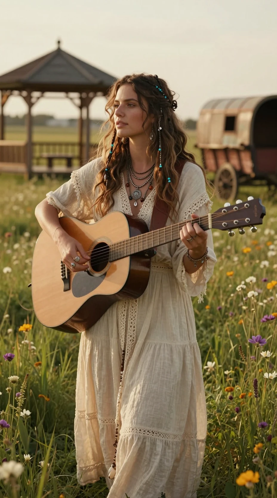 Boho woman playing guitar at golden hour in meadow