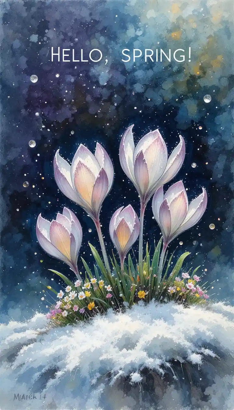 Crocuses Emerging From Snow With Hello Spring Lettering