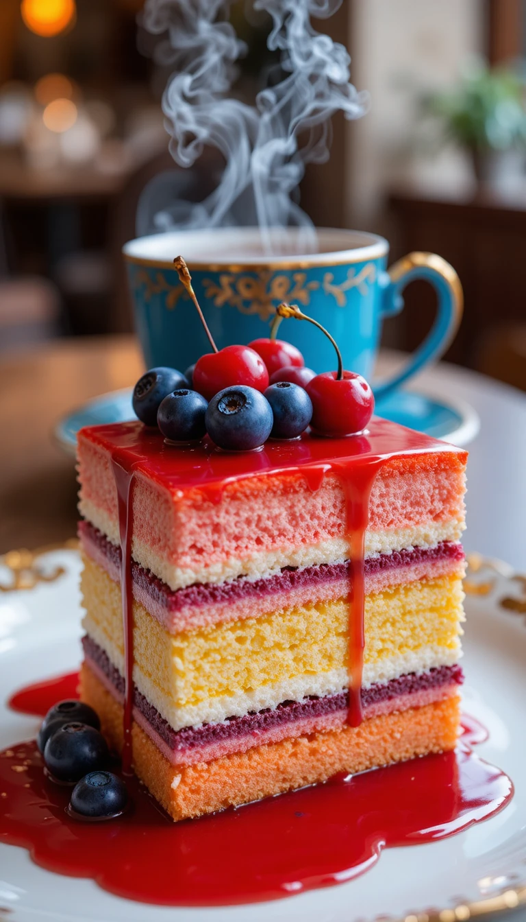 Colorful layered cake dessert in a restaurant setting