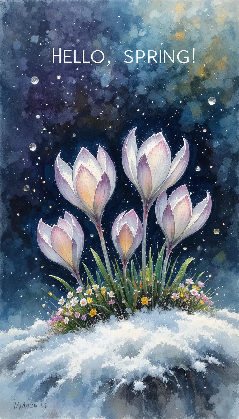 Crocuses Emerging From Snow With Hello Spring Lettering