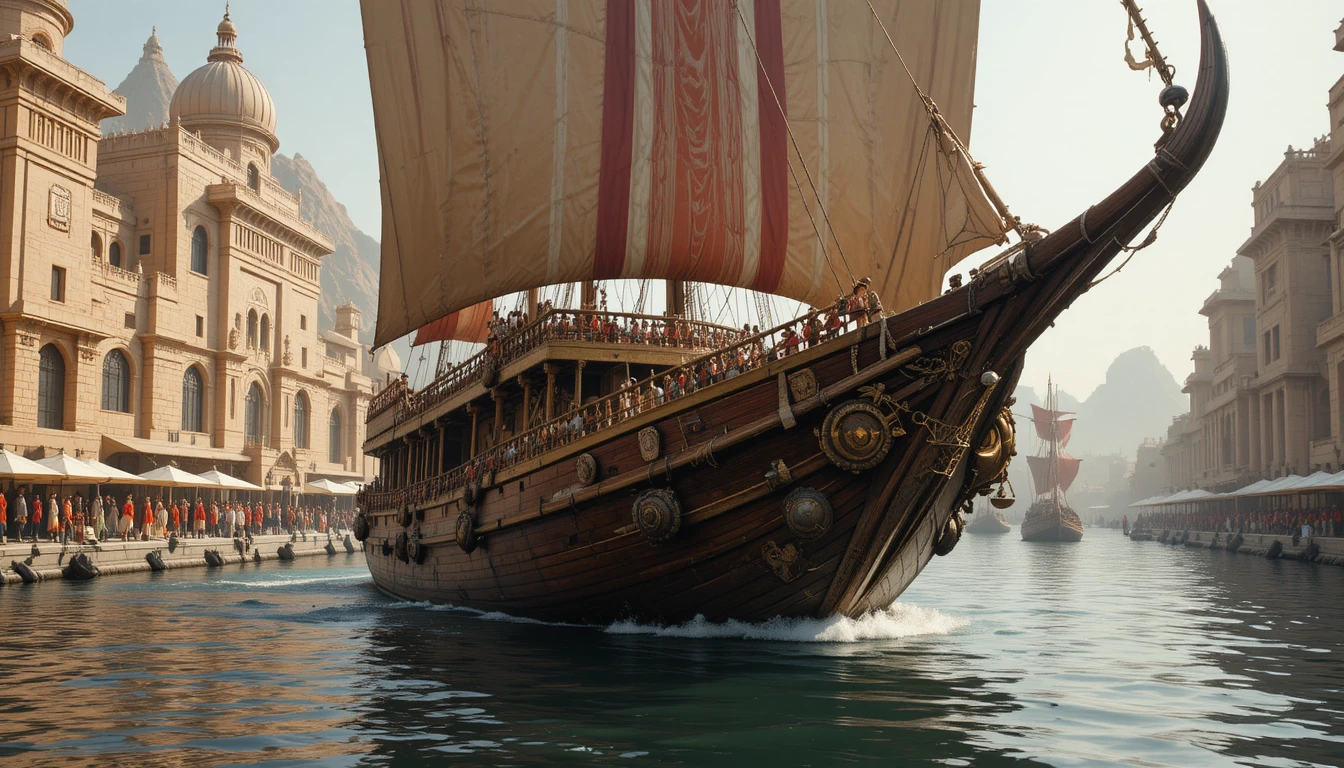 Navire de guerre de l'Égypte antique amarré dans un port de pierre animé