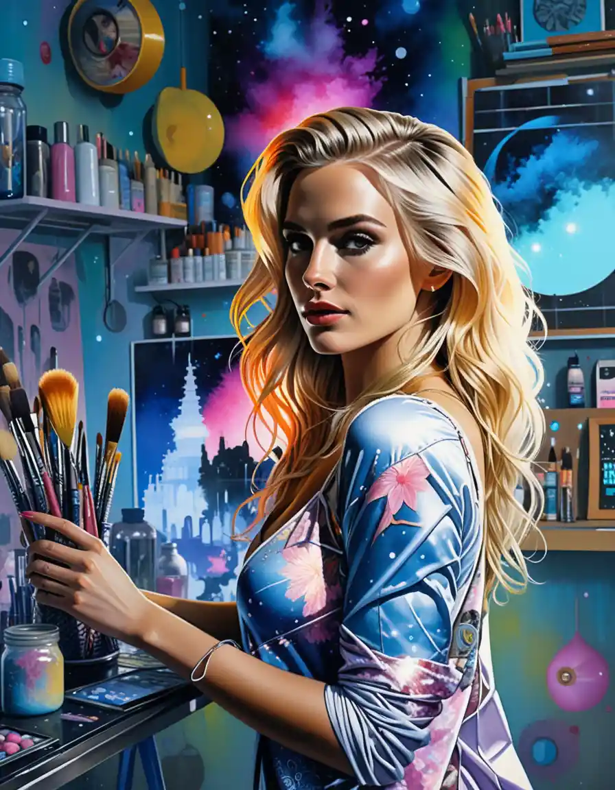 Artiste blonde dans un studio solarpunk coloré à l’aube