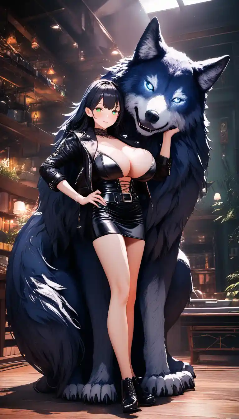 Mulher tatuada com roupa de couro preta e lobo terrível como companheiro