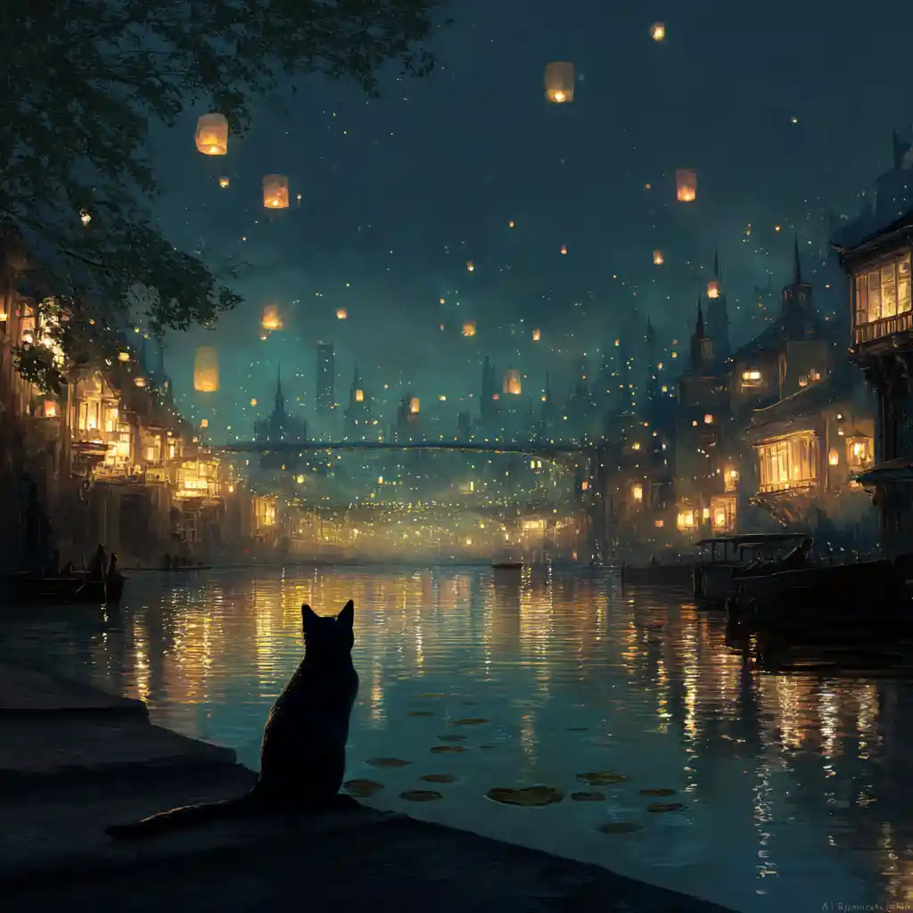 Chat en silhouette près d’une ville au bord de l’eau éclairée par des lanternes