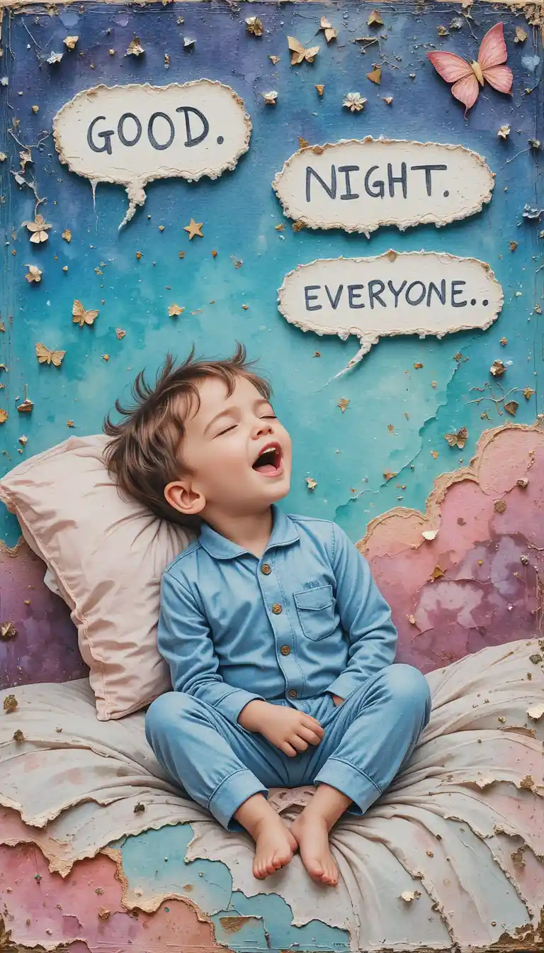 Sleeping little boy in blue pajamas mixed media collage