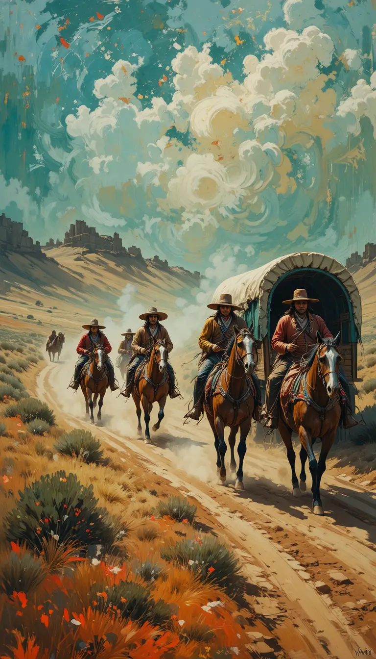 Indians Chasing A Four Horse Wagon Across The Wild West