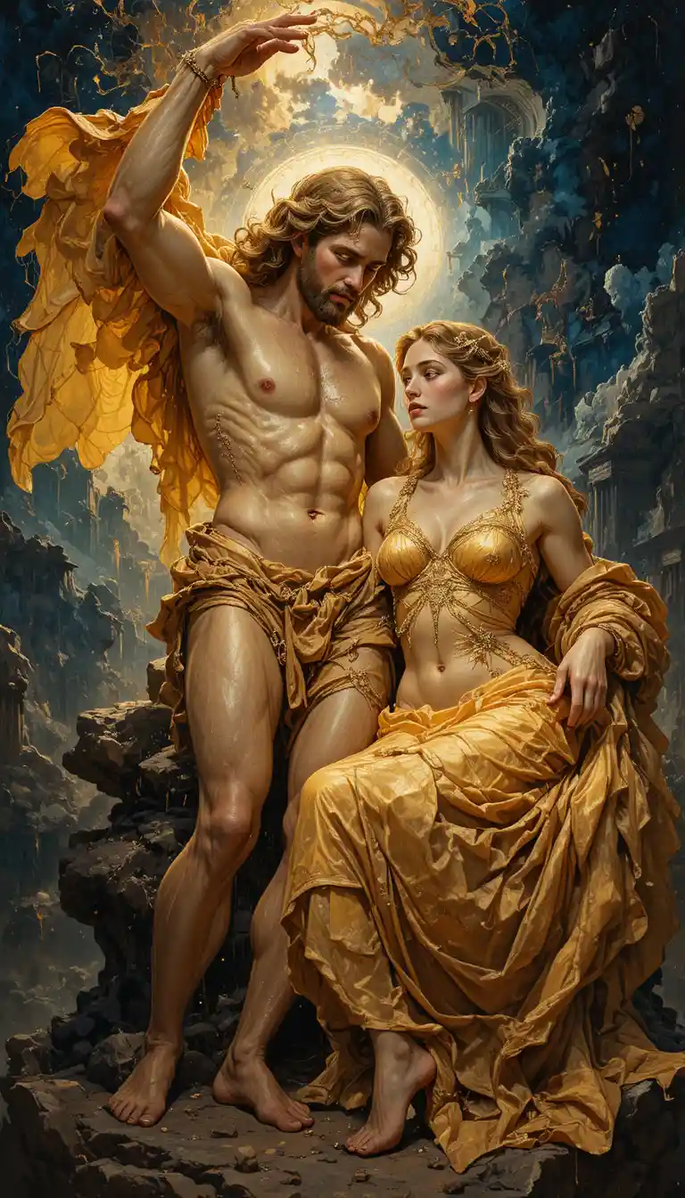 Mythic god apollo with his beautiful wife in baroque light