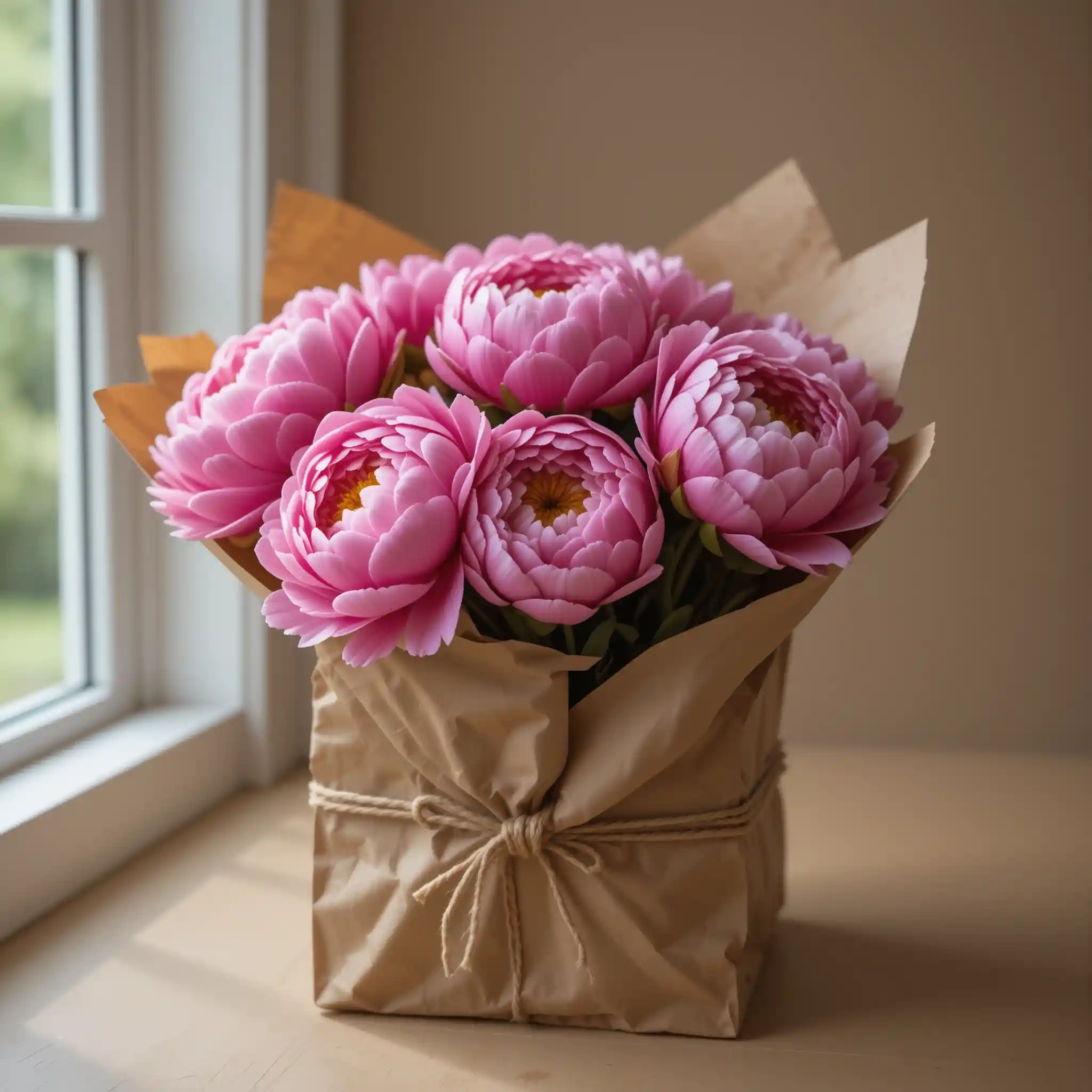 Rosa Pfingstrosenstrauß in Kraftpapier mit Juteschnur gebunden