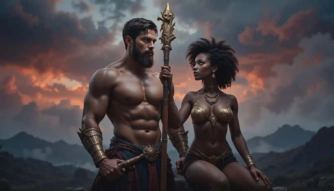 Mythic couple kneeling under dramatic red stormy sky