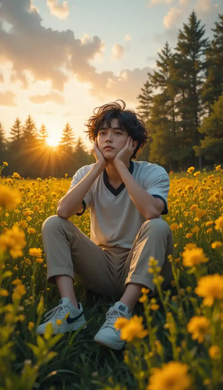 Garçon d’anime se reposant dans un champ de fleurs jaunes au coucher du soleil