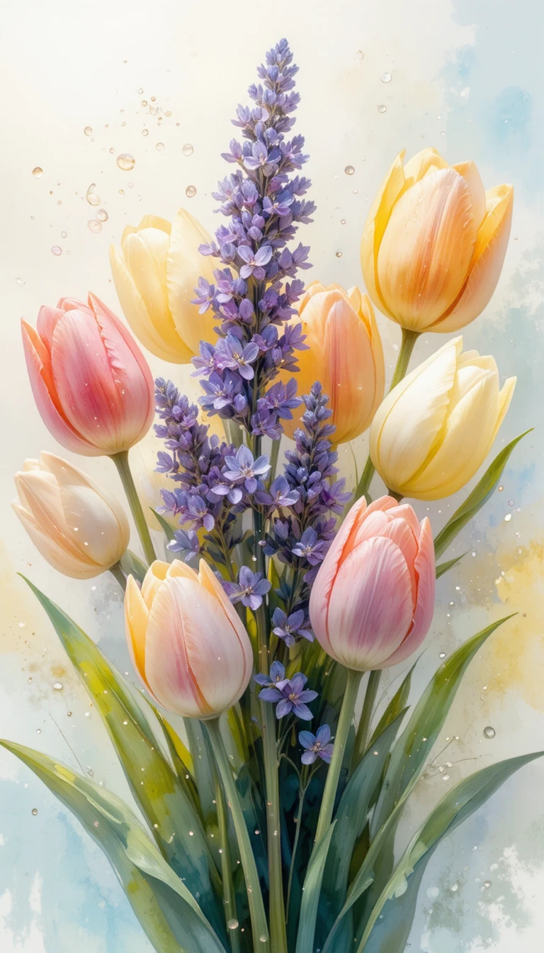 Zarter Tulpenstrauß in Aquarell mit sanften sonnigen Pastelltönen