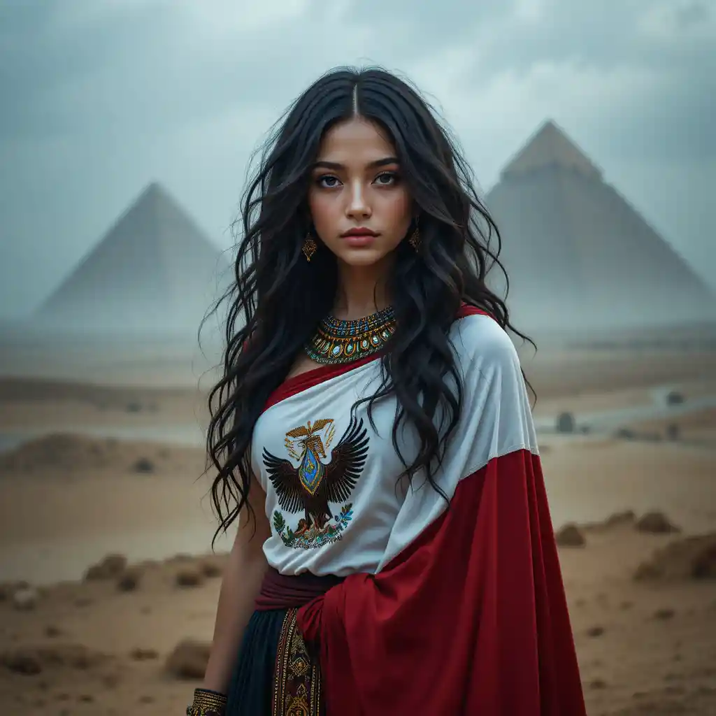 Mulher com bandeira do Egito diante de pirâmides enevoadas no deserto
