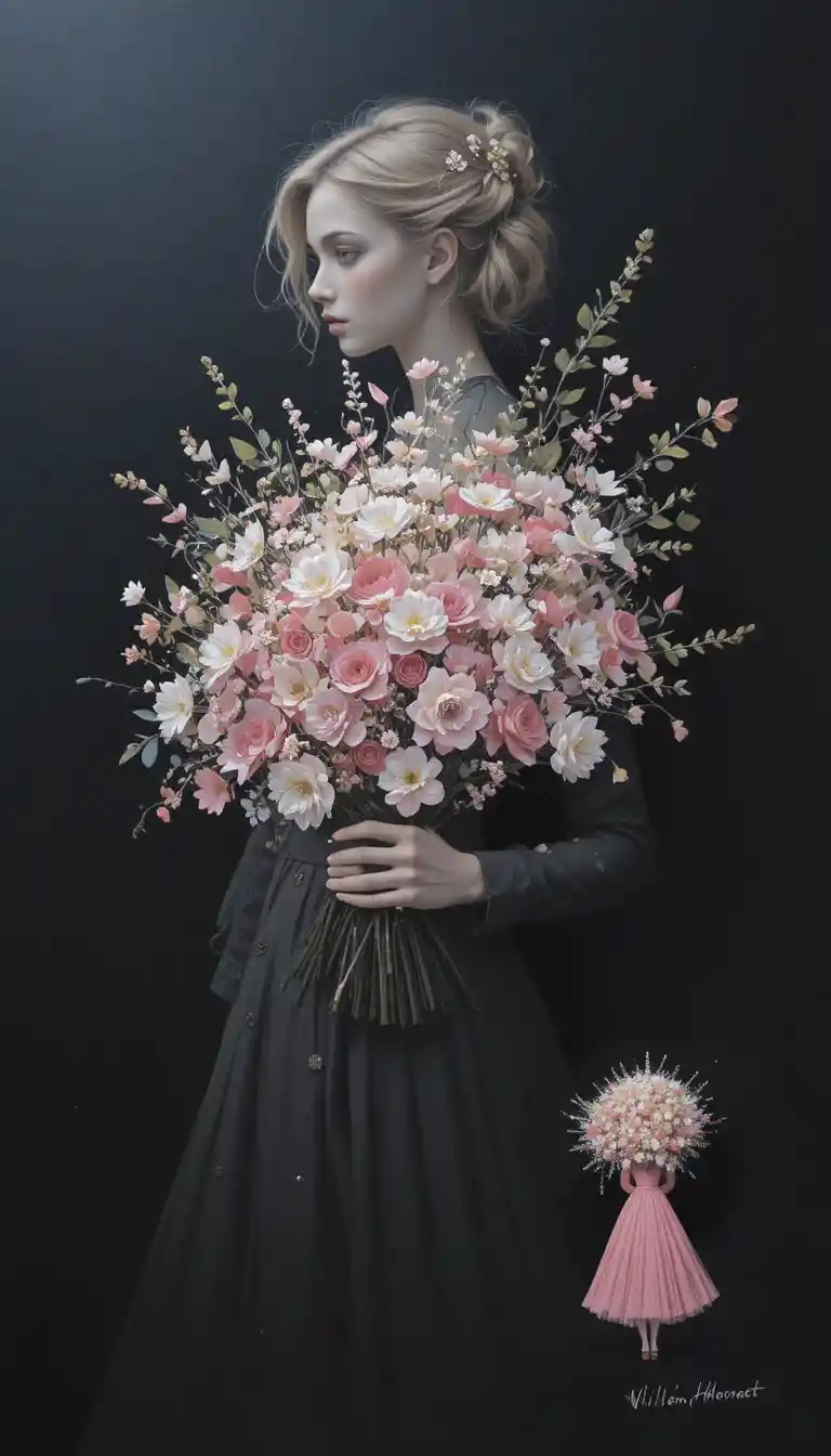 Menina loira com flores em fundo preto minimalista