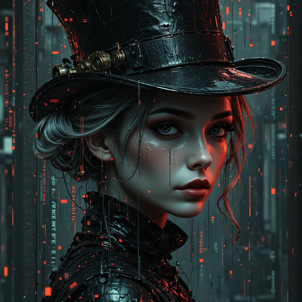 Mulher surreal em glitch se dissolvendo em estática digital e código