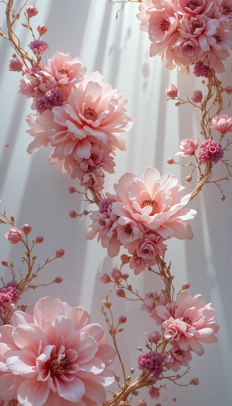 Flores pálidas macroscópicas em branco luminoso sobre arte fluida branca