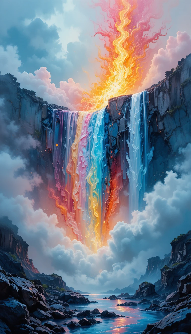 Fiery abstract waterfall in flowing multicolored paint