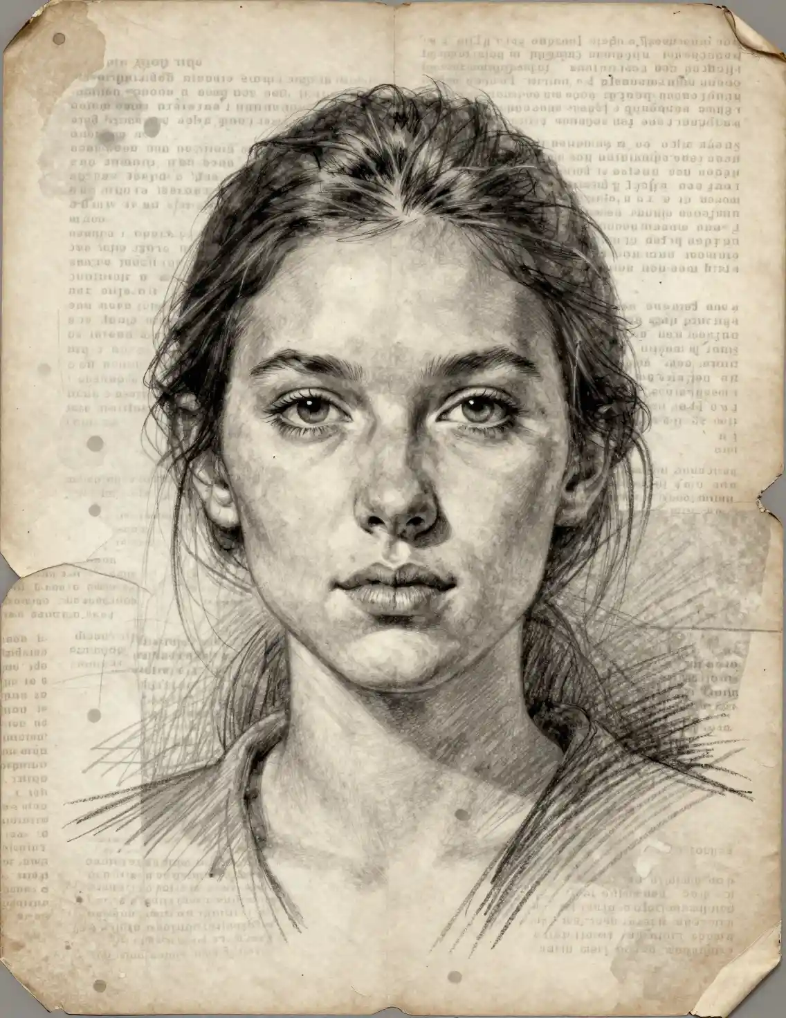 Ritratto a grafite di una ragazza su collage di carta invecchiata a strati