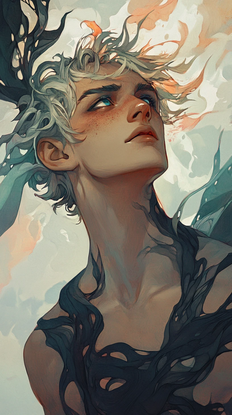 Young fantasy mage with divine aura and gentle smile