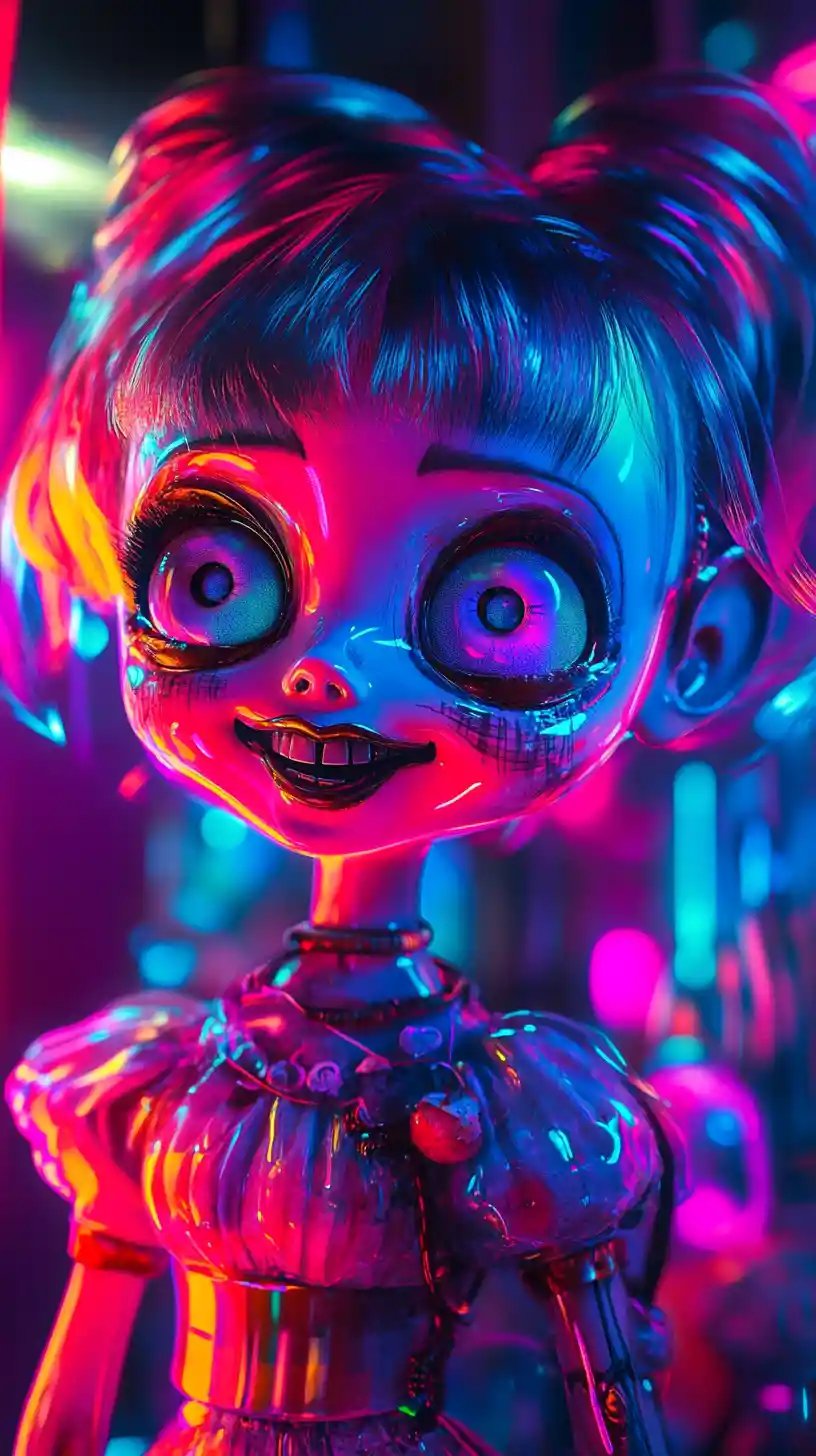 Boneca vintage distorcida brilhando em cores neon sombrias