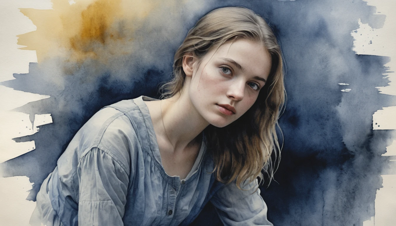 Ethereal watercolor woman fading into a misty abstract space