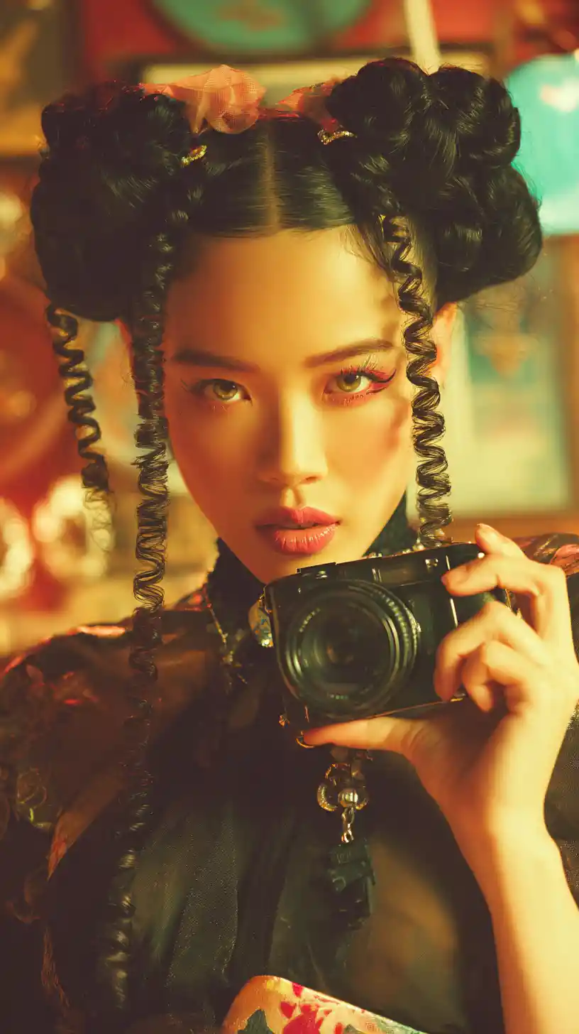 Smiling fashion woman with camera in urban hip hop style