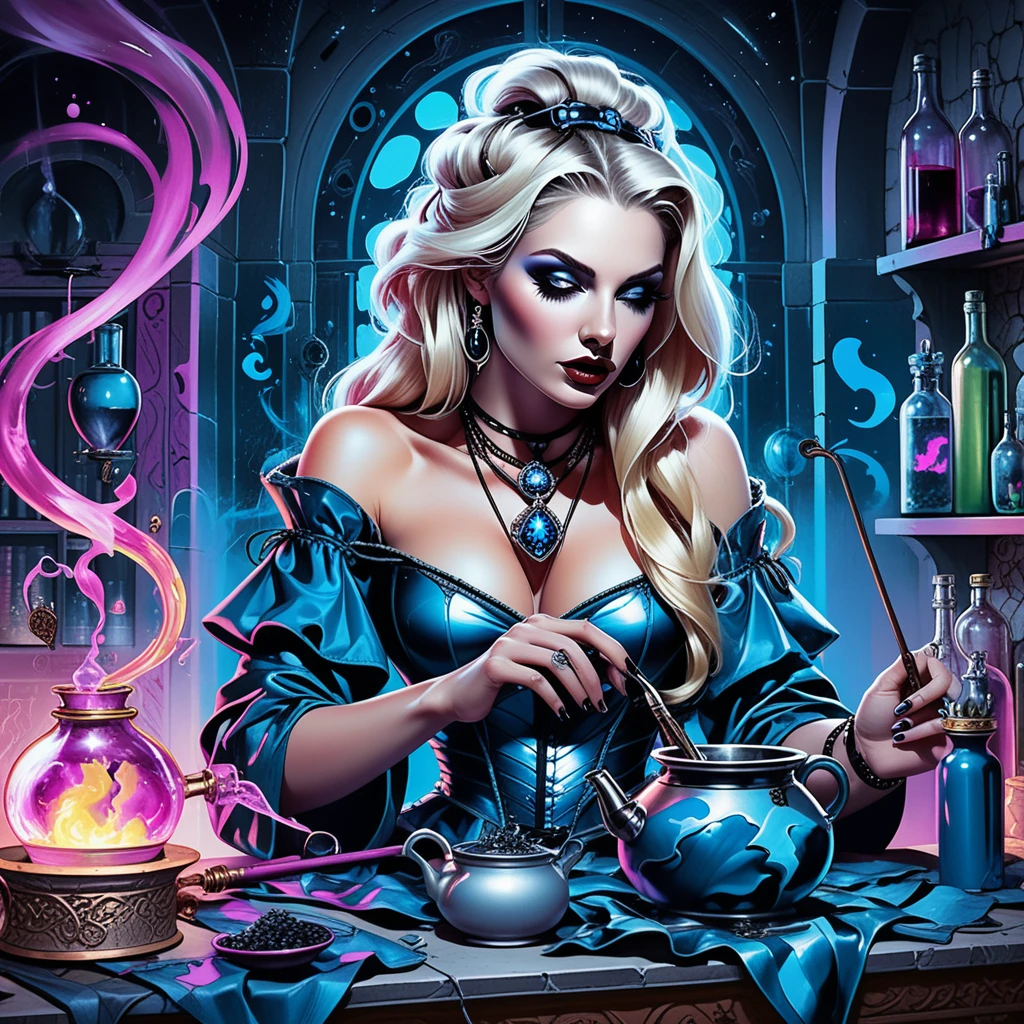 Bruja rubia mezclando pociones en una colorida tienda de magia medieval