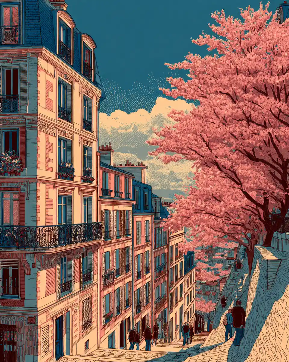 Strada parigina primaverile a Montmartre in stile giapponese