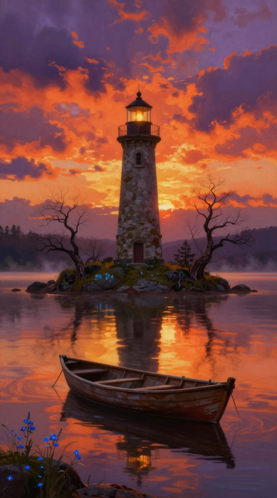 Mystical lakeside lighthouse at fiery sunset glow