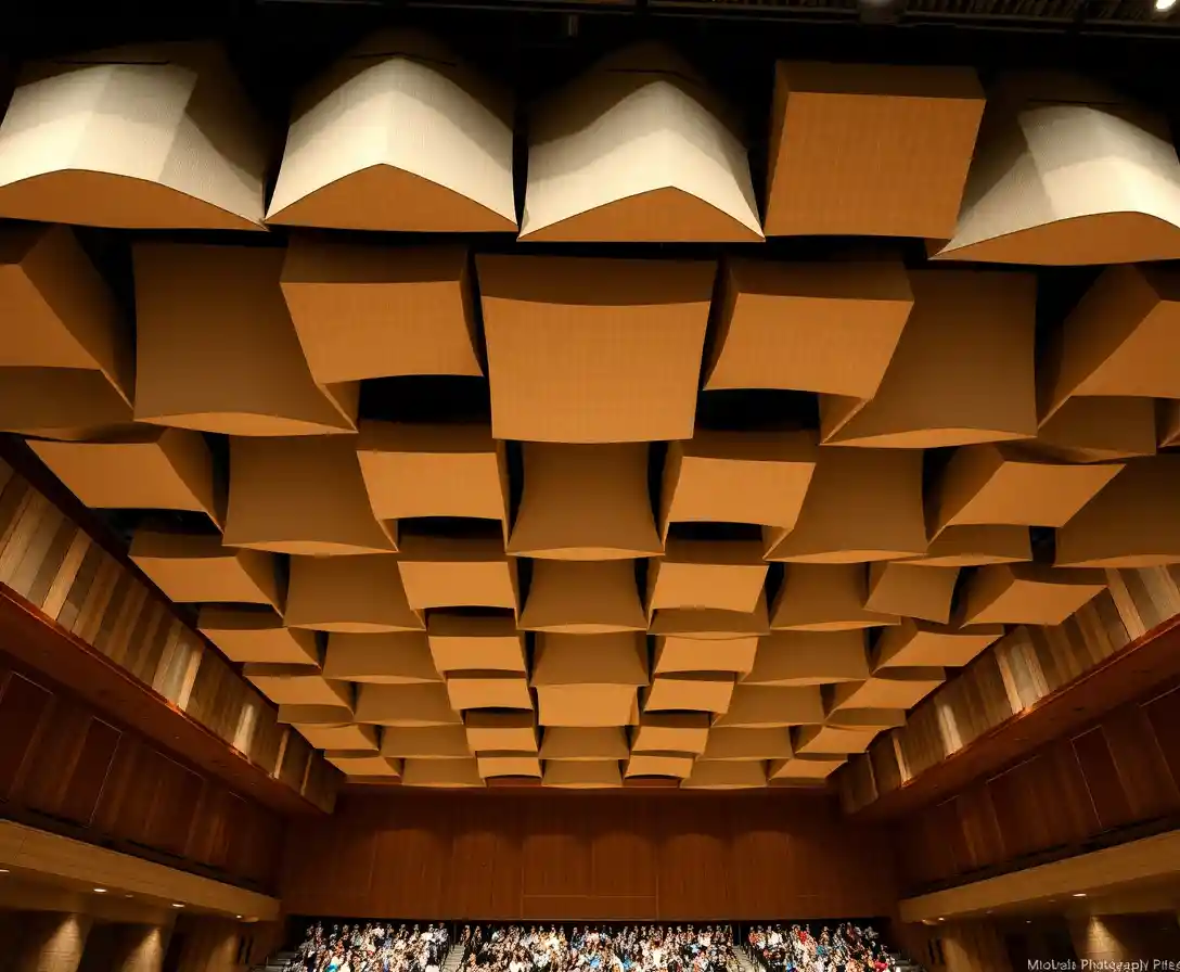 Overhead acoustic panels in a grand theatrical concert hall