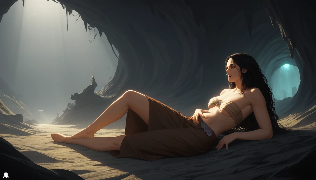 Gaunt female creature reclining in a shadowy cave