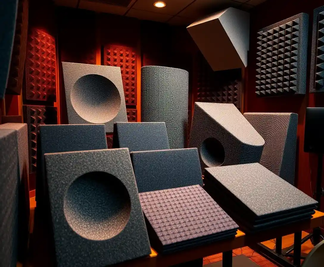 Acoustic wedges in a recording booth under warm studio light