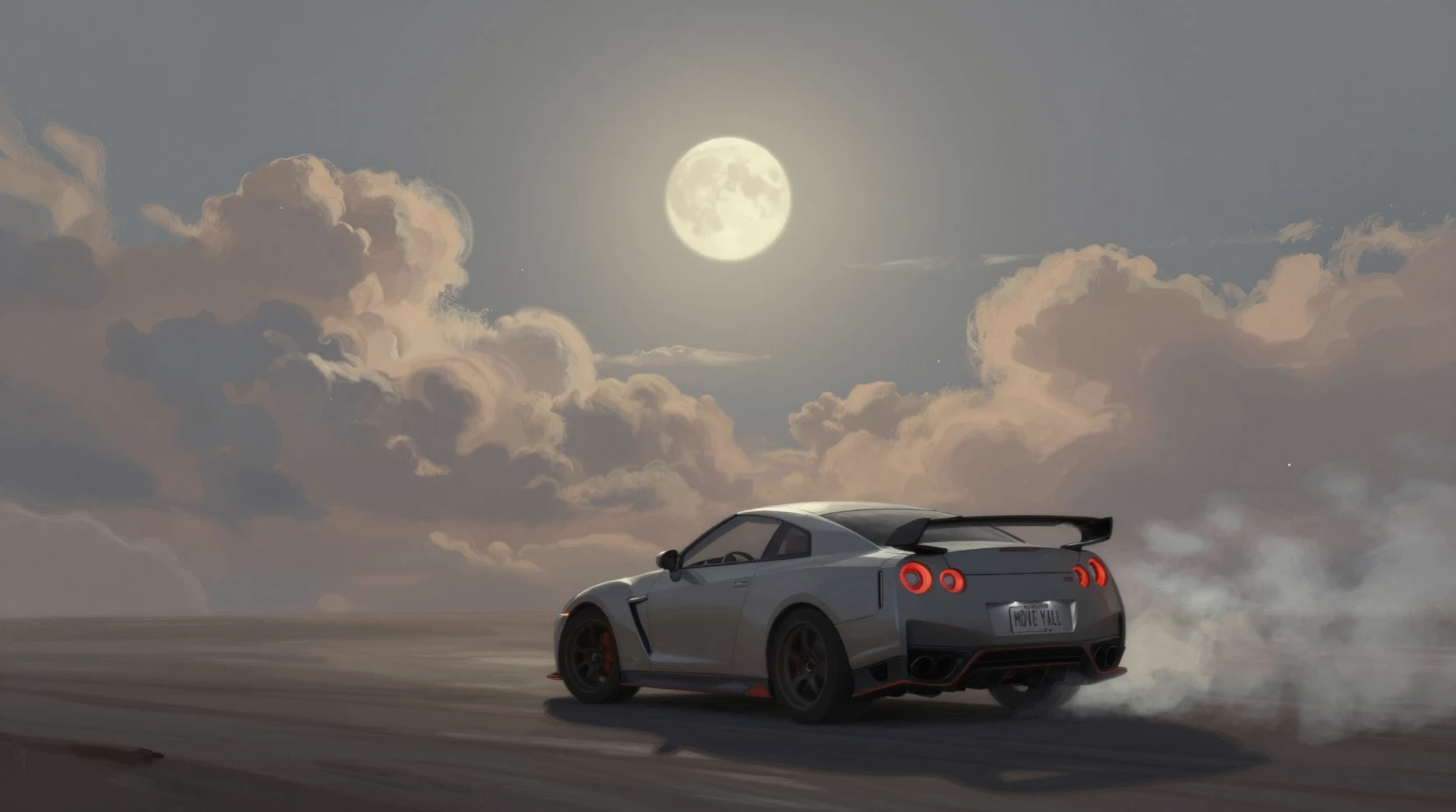 Auto sportiva in drifting in un cielo notturno nuvoloso illuminato dalla luna