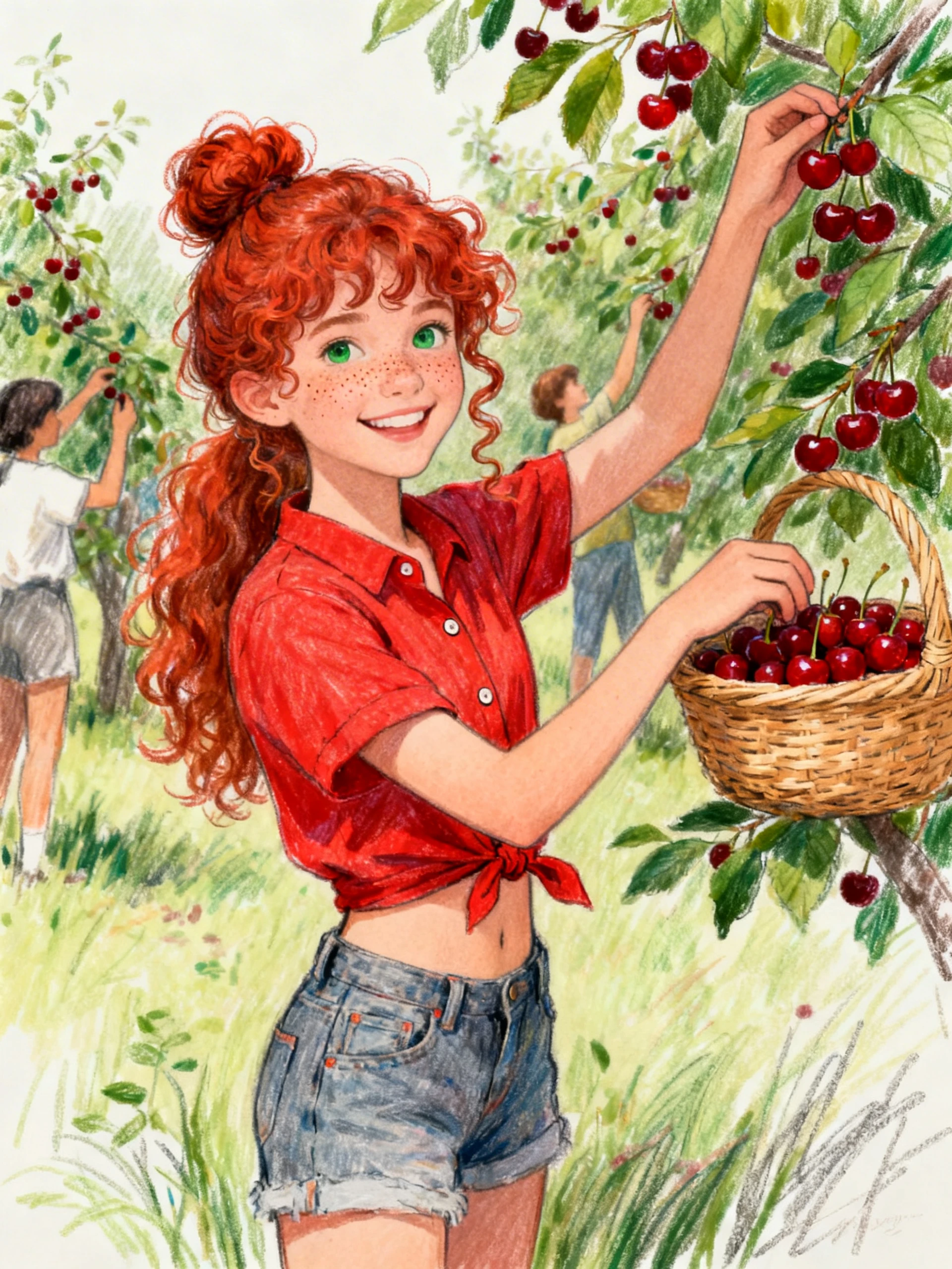 Curly haired girl picking cherries in a sunny orchard