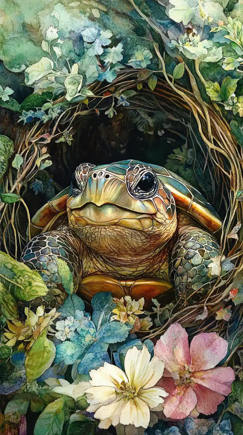 Tartaruga allegra che sorride in un tranquillo giardino ad acquerello