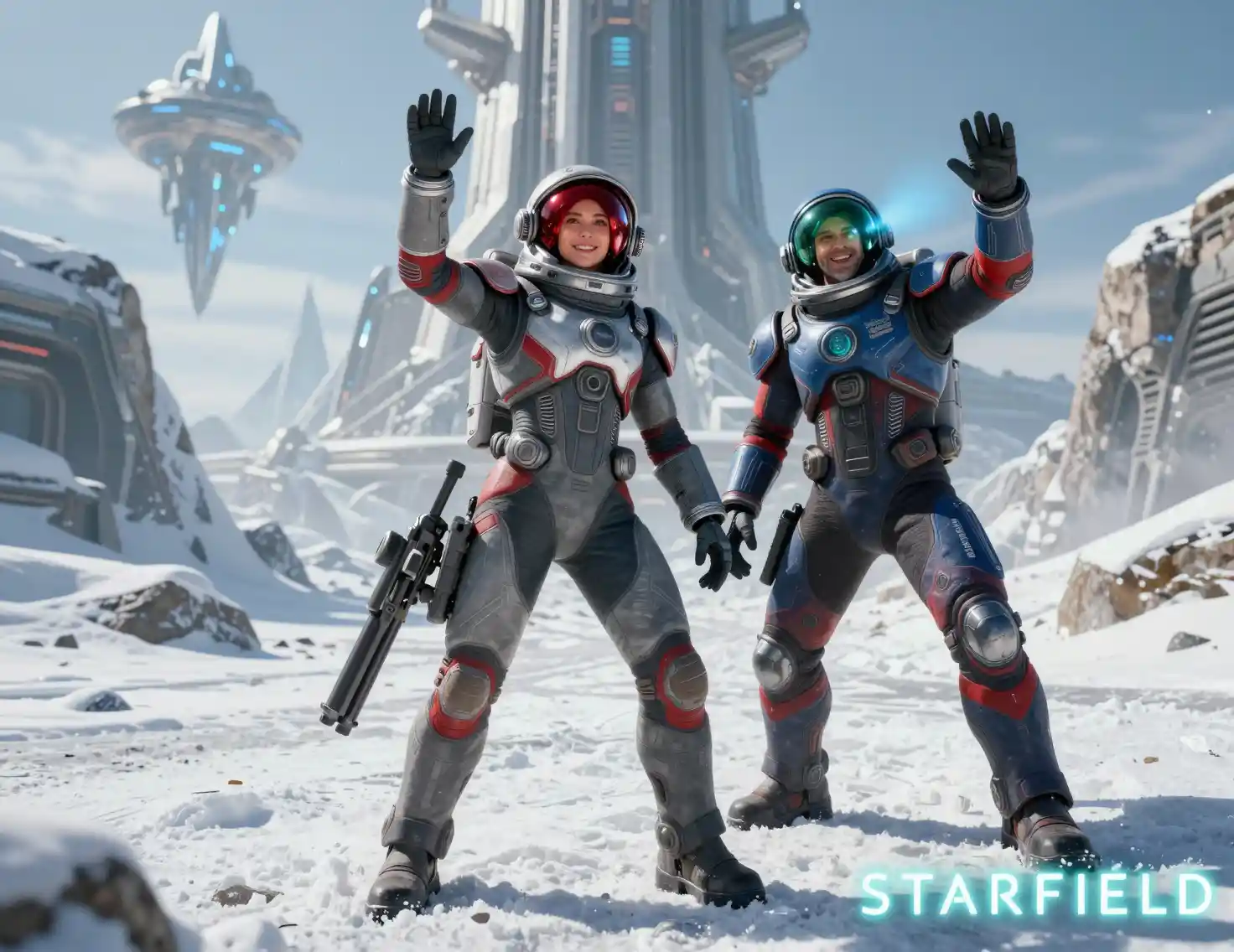 Two astronauts posing on a snowy alien world