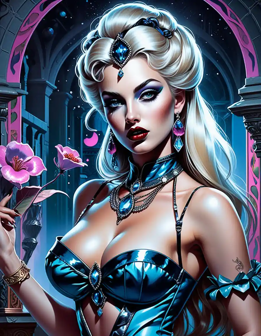 Blonde vampire pinup in a dark tropical rainforest