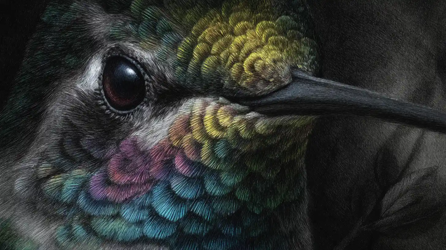 Portrait Surréaliste de Colibri au Fusain avec Accents Lumineux