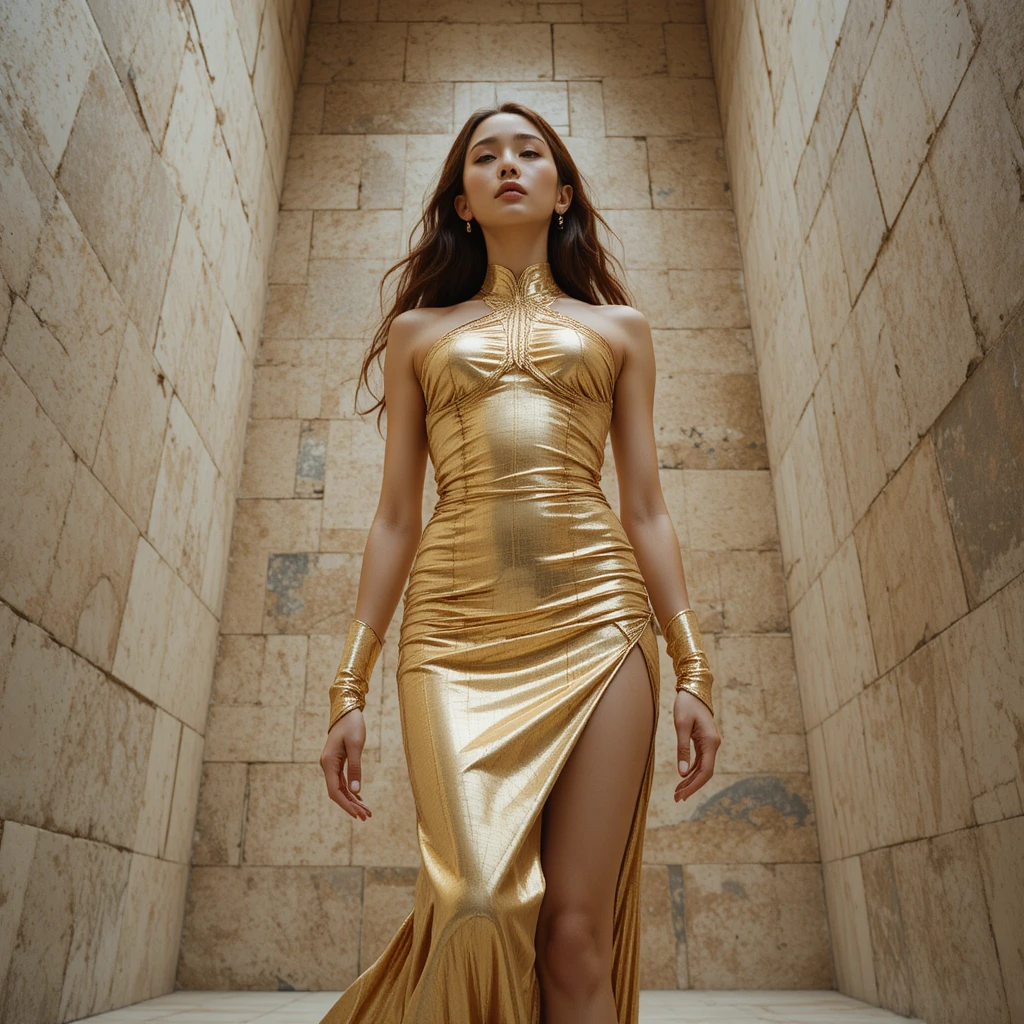 Tall Korean woman in sculptural gold gown in gallery